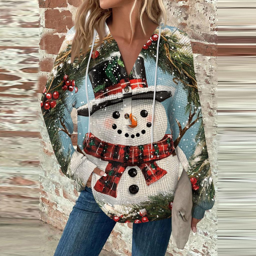 Женская мода с длинным рукавом, завязками на шнурке, капюшоном, пуговицами, V-образным вырезом, повседневная толстовка с капюшоном и рождественским принтом