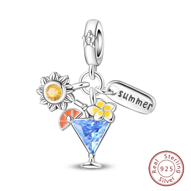 New Summer Day 925 Silver Seaside Sailboat Coconut Tree Sunglasses Camera Charms Beads Fit DIY Silver Bracelets Jewelry