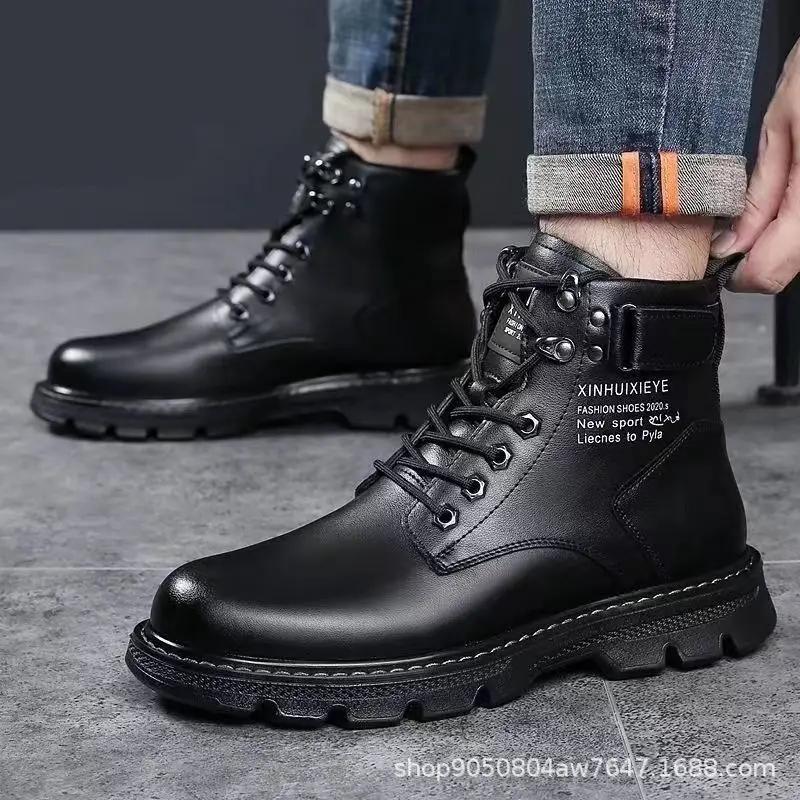 Высокие мужские роскошные ботинки, удобные водонепроницаемые рабочие ботинки на шнуровке для мужчин 2024 года, модные нескользящие износостойкие мужские повседневные ботинки