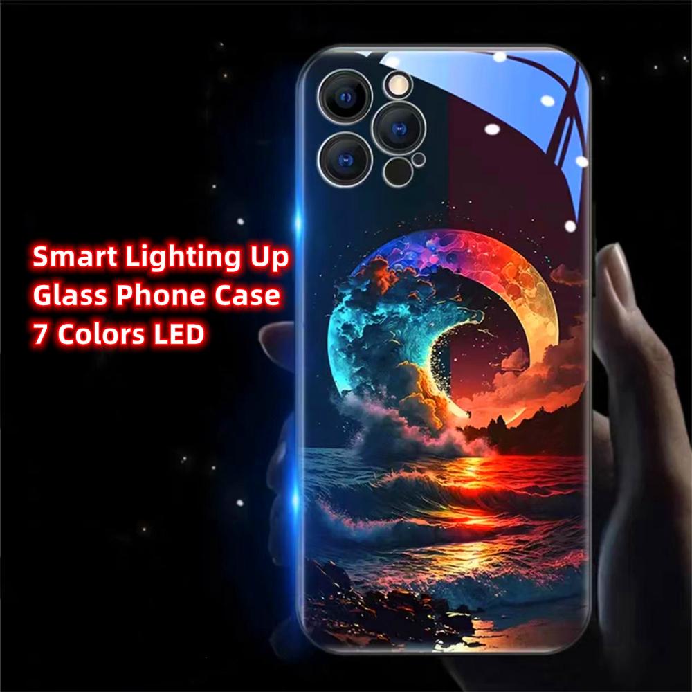 Luminous Phone Case Meteor Beach Luminous Glass LED Call Flash Phone Protective Case Suitable for IPhone