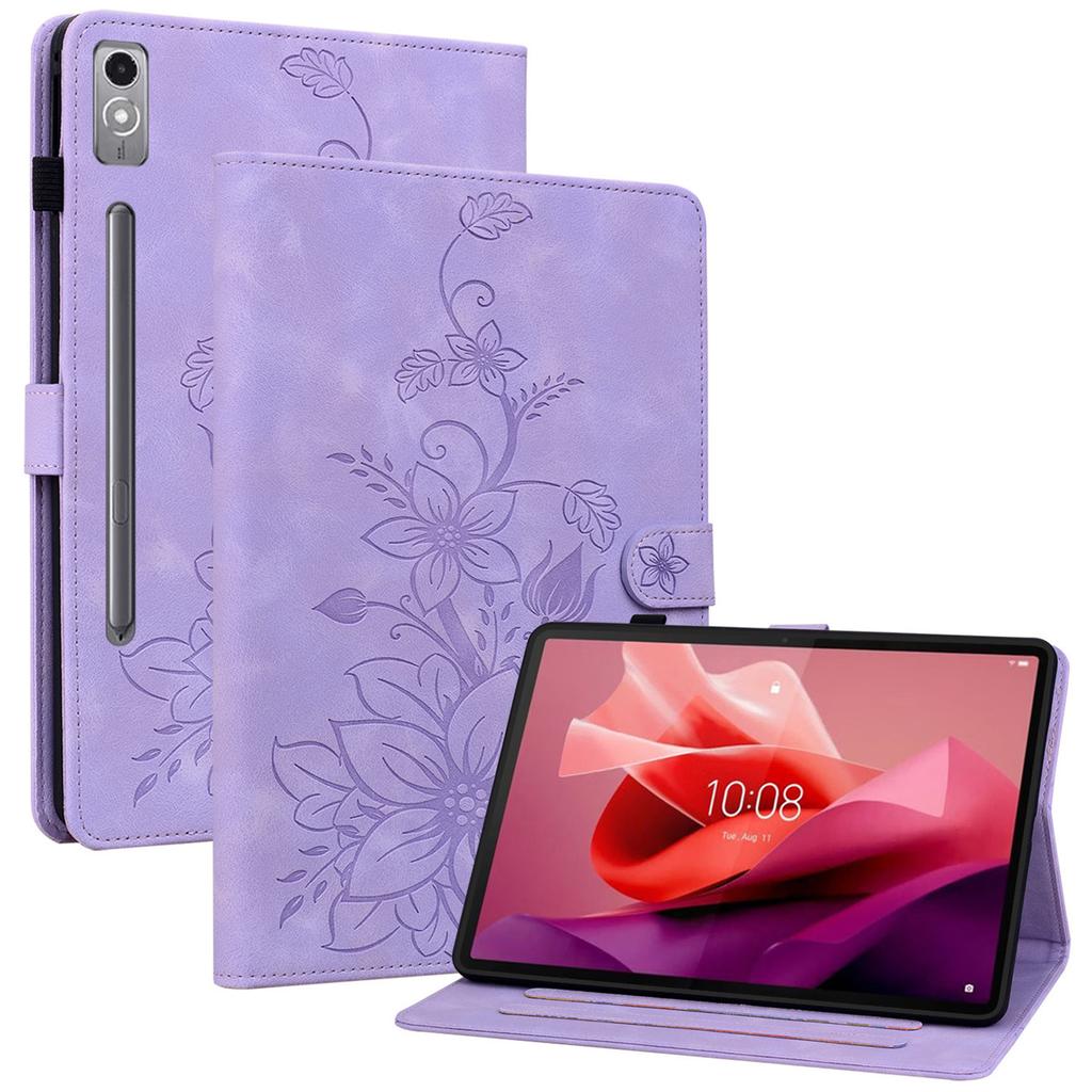 Для Lenovo Tab P12 Чехол Кожаный чехол для планшета с цветами лилии, отделениями для карт, подставкой