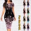 Slim Short Sleeve Knee-length Dress Fashion Women Midi 3D Lovely Flowers Print Dress