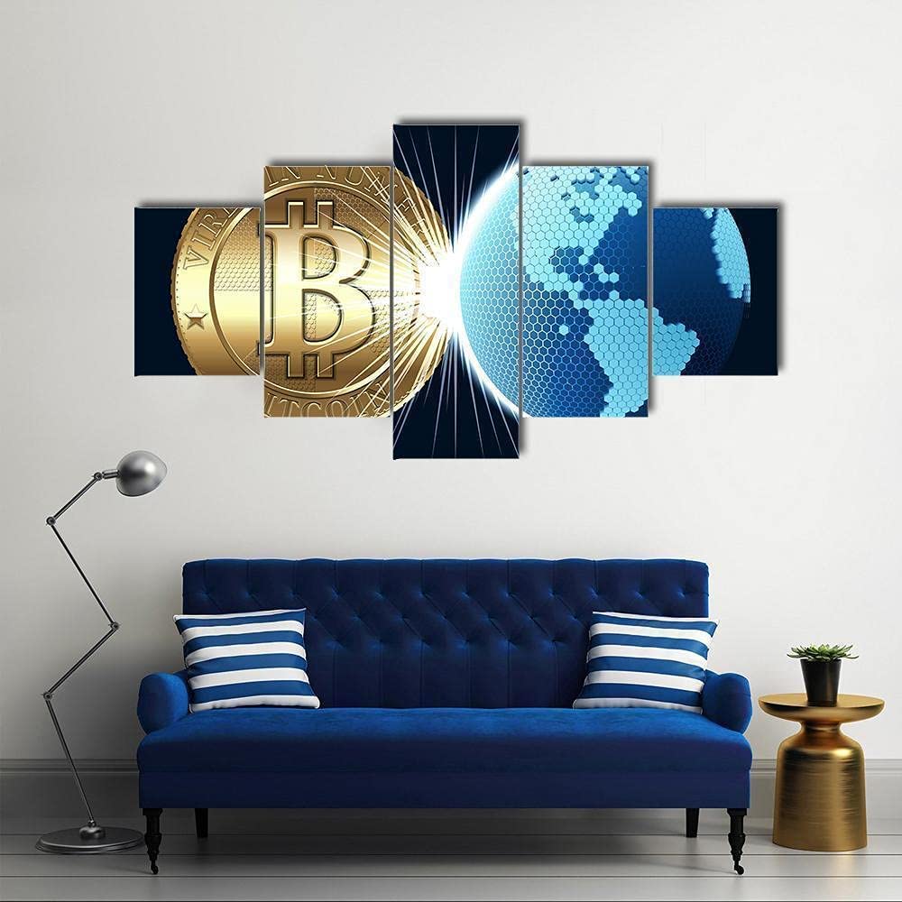 Bitcoin with Binary Code 5 Pieces HD Decorative Wall Art Canvas Poster Paintings for Living Room Home Decor Picture Decorations