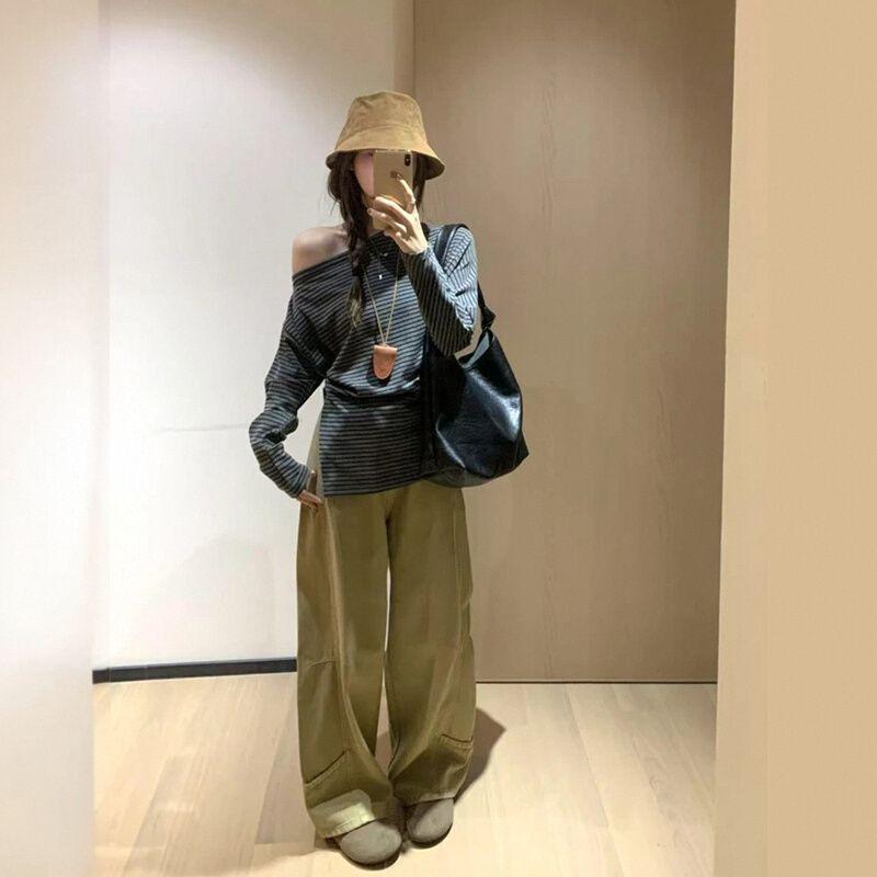 2025 Шикарный полосатый топ с открытыми плечами и длинными рукавами, облегающий женскую фигуру, для весны/лета