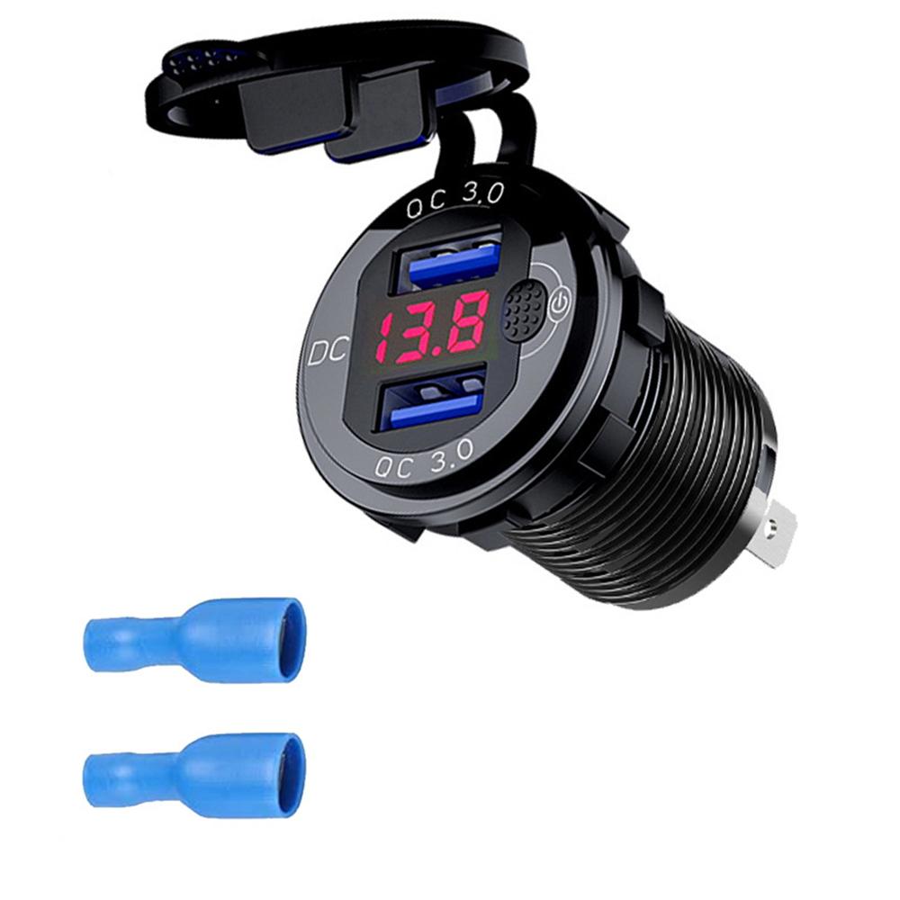 Автомобильное зарядное устройство QC3.0 с двумя USB-портами для прикуривателя, водонепроницаемое, с переключателем вольтметра, адаптер для быстрой зарядки 12/24 В, автомобильные аксессуары