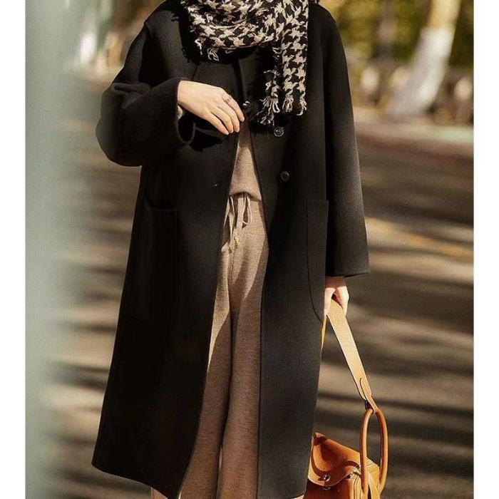 Женское шерстяное пальто тети 2024 в корейском стиле - Осень и Зима, средней длины, ниже колена, модного свободного кроя