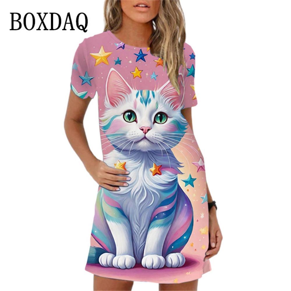 Милое женское повседневное мини-платье с рисунком животных из мультфильмов, с короткими рукавами, с собакой и кошкой, летнее новое женское платье-жилет