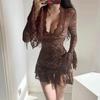 Коричневое кружевное платье для женщин, сексуальное, с V-образным вырезом, расклешенное, с длинным рукавом, модная женская одежда, винтажный стиль