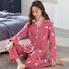 Большой размер женский пижамный комплект хлопковые брюки с длинными рукавами студенческая домашняя одежда из двух частей кардиган с отворотами женский пижамный комплект