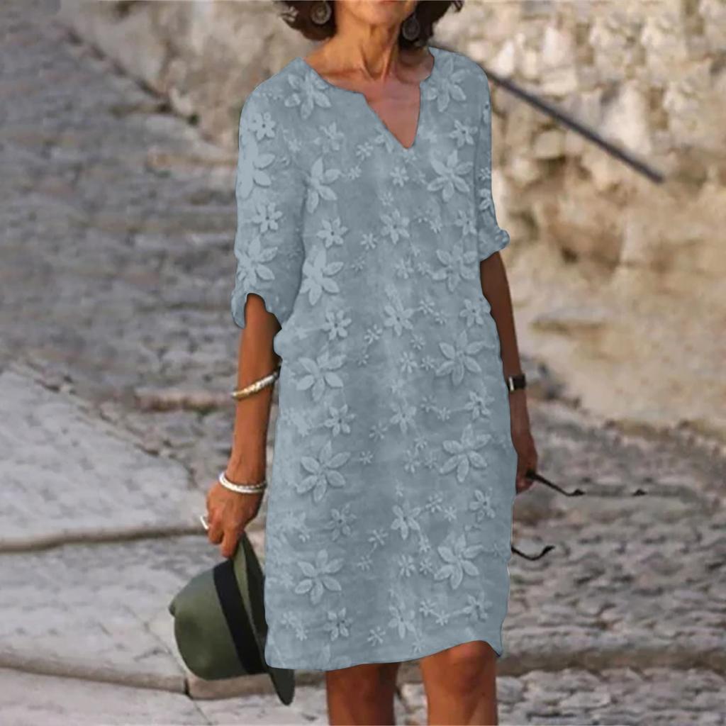 Женское свободное облегающее и модное однотонное сетчатое платье с вышивкой и v-образным вырезом и рукавами 5/4