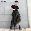 Xitao Pleated Leopard Lace Midi Skirt Women Irregular Print Fashion New XJ1689