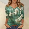 Женские топы, рубашка с рукавом три четверти, свободная повседневная рубашка с V-образным вырезом, футболка с цветочным принтом