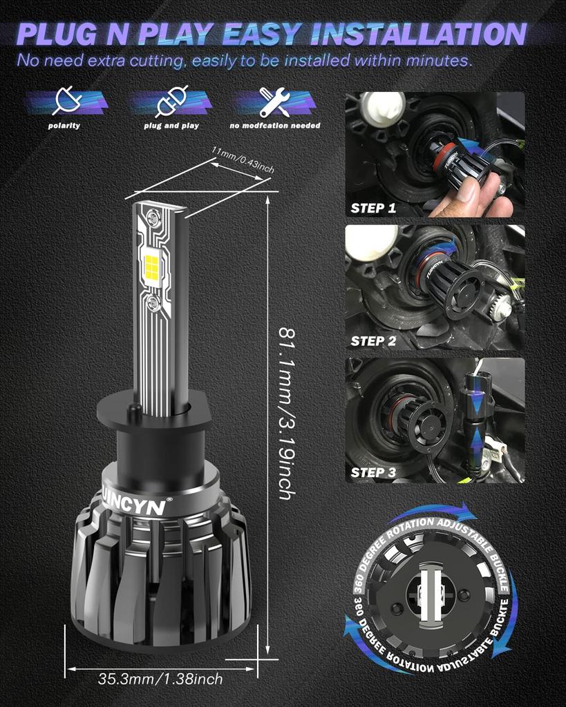 Светодиодная лампа для фар H1, TUINCYN +400% яркости, суперяркая, 80 Вт, 16000 лм, 6000 К, холодный белый, водонепроницаемая, упаковка из 2 шт.