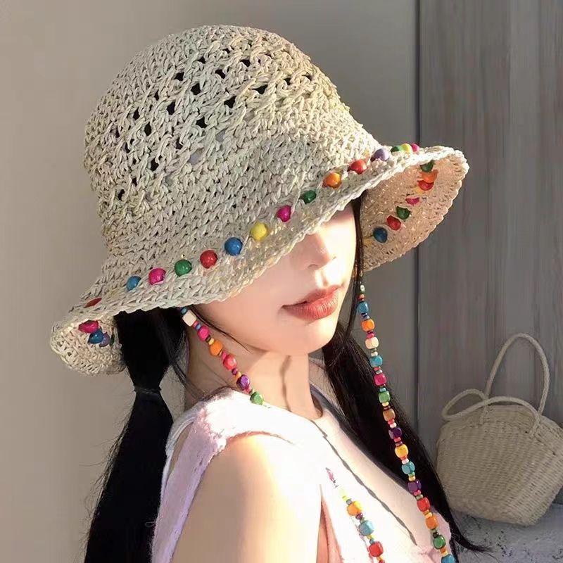 Sweet and colorful butterfly ribbon straw hat for women, summer seaside vacation style, large brim sun protection hat, foldable hat