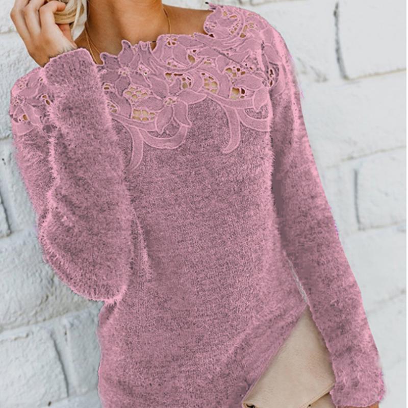 Топы для женщин, ажурный кружевной свитер с круглым вырезом и длинным рукавом, повседневное облегающее платье, женский топ с длинным рукавом