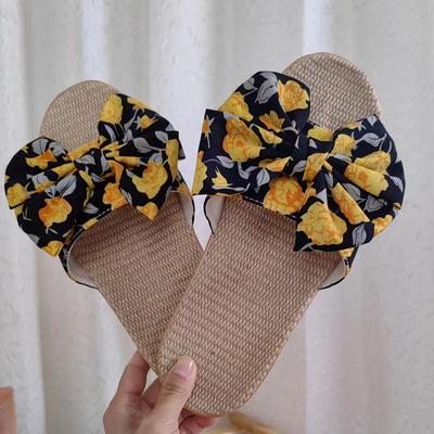 Летние женские тапочки из хлопка и льна с бантом