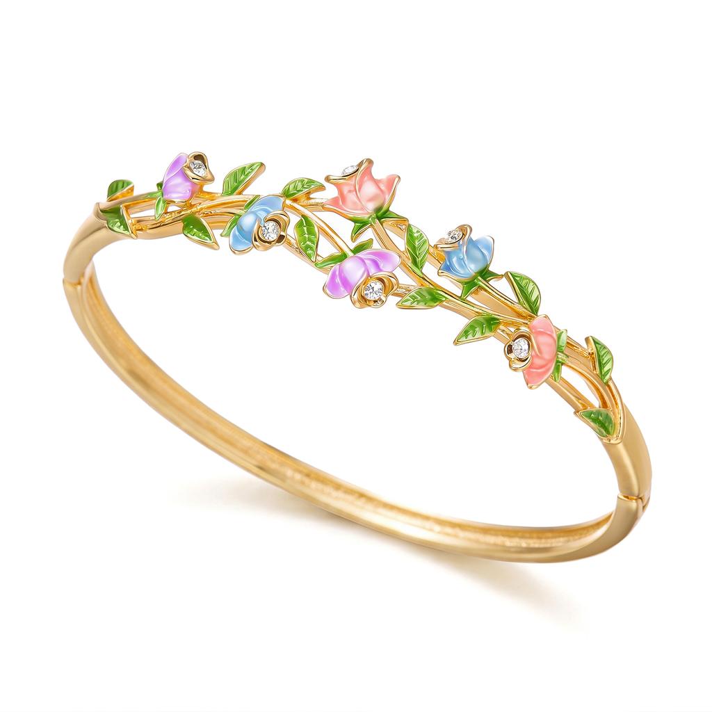 Elegant Flower Pattern Enamel Open Bracelet for Women Trendy Gold Plated Cloisonne Flowers Bangle Ring Charms Party Jewelry