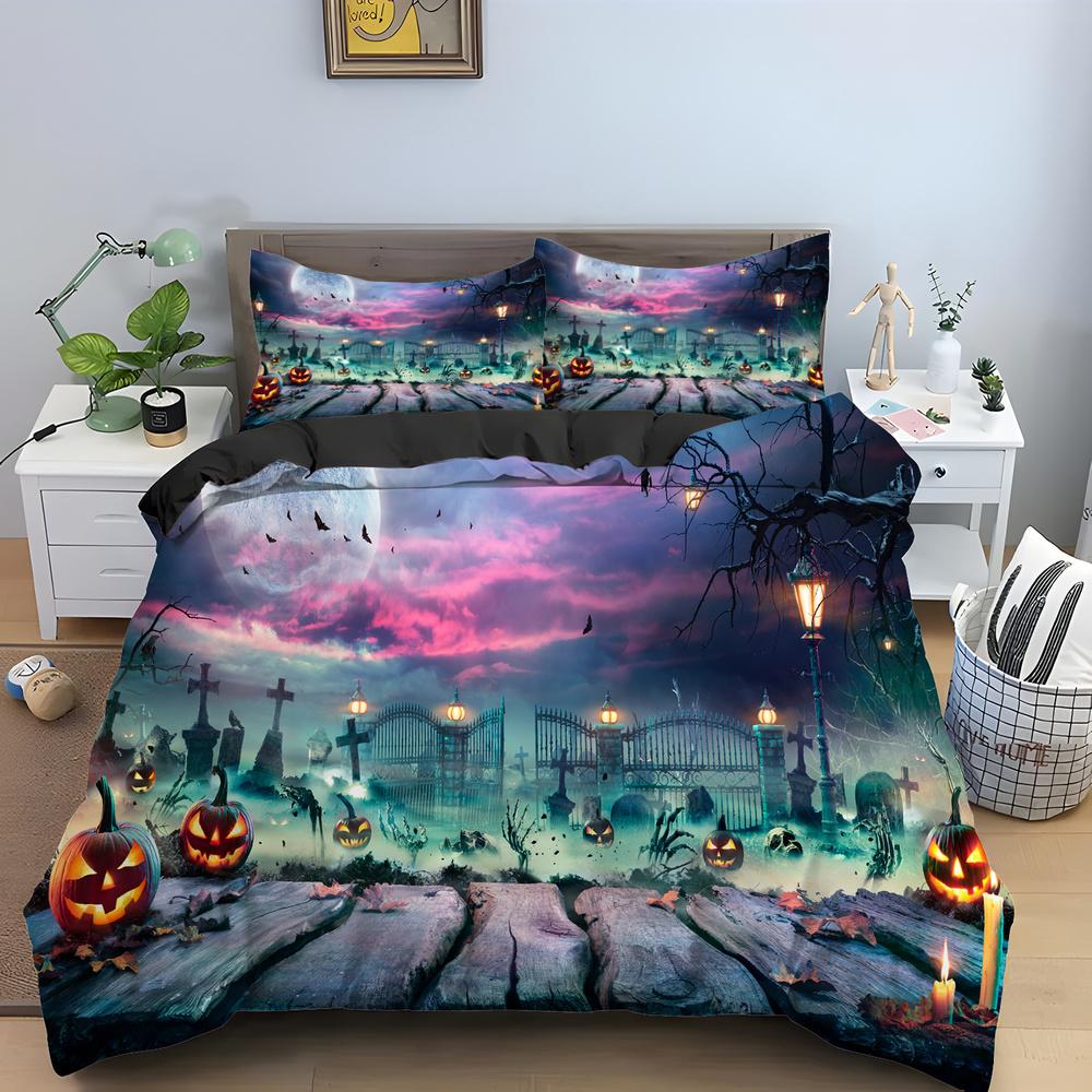 Черный Хэллоуин Летучая мышь Луна Король Королева Пододеяльник Страшный Ночной Комплект Постельных Принадлежностей Готический Ужас Покрывало Мягкий Полиэстеровый Одеяло Покрывало