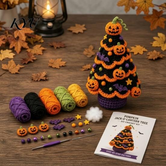 DIY Holiday Tree Materials Halloween Crochet Kit, Black Cat Pumpkin Witch Crafts Hat Ghost Crafting Kit for Home Decor, Handmade Gift Patterns
