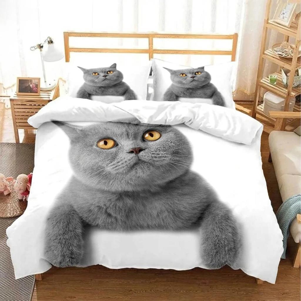 Cute animal cartoon cat 3D printed duvet cover and bedding set, includes duvet cover and pillowcases, machine washable