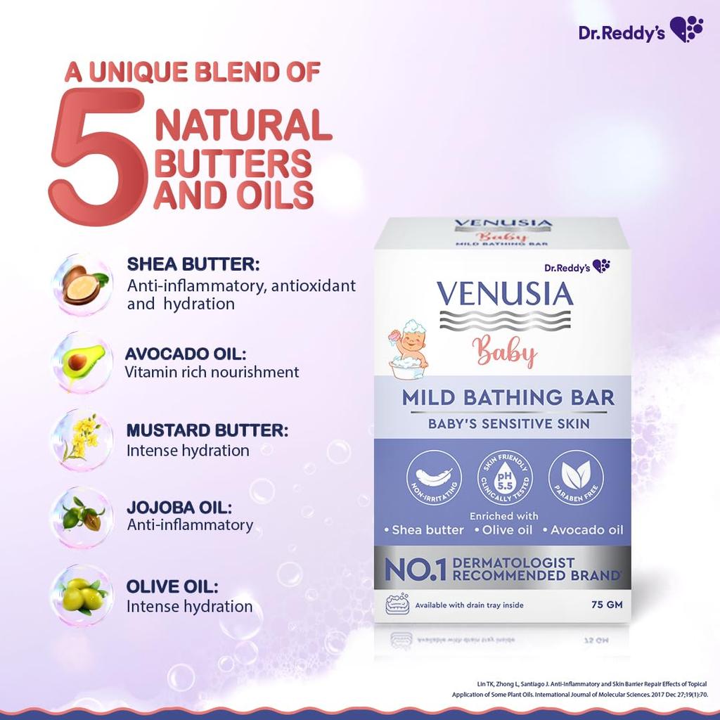 Venusia Baby Mild Bathing Bar 75g Pack of 1 | Gentle pH 5.5 Soap-Free Baby Cleanser | Non-Irritating, Paraben-Free