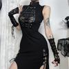 AltGoth Cyber Punk Gothic Dress Women Harajuku Dark Grunge Mesh Patchwork See Through Bandage Dress Without Sleeves Clubwear Female