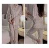Guiruo Deep V Satin Lace Pajama Set with Chest Pad & Outer Robe