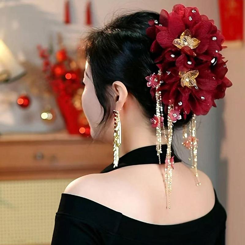 Универсальная заколка для волос с цветком, кисточкой из пайеток, зажим-акула для женщин, девочек, ретро заколка-коготь для волос, элегантные цветочные аксессуары для волос, подарок