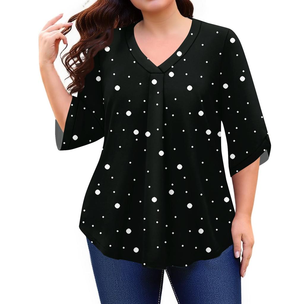 Women's Fashion Large Size Print V-Neck Three-quarter Sleeve Top
