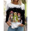 Christmas Cute Cat Women's Long Sleeves T-Shirt Round Neck Long Sleeved Autumn Clothing Animal Holiday Fashion Party T-Shirt