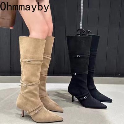 Винтажные замшевые женские ботфорты до колена, модные туфли с острым носком, осенне-зимние ботильоны на тонком каблуке, женские ботильоны с коротким плюшем
