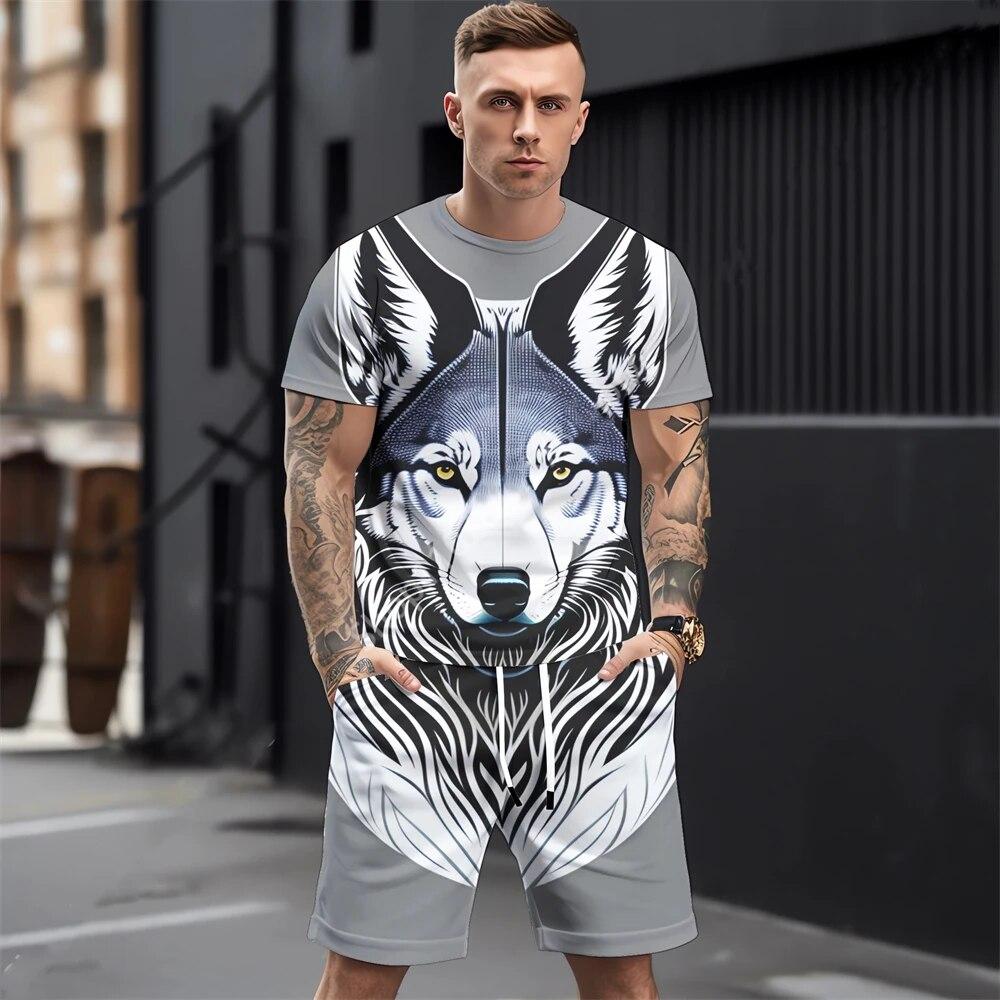Летние мужские комплекты футболок, модная одежда с 3D принтом животных, необходимая одежда для мужчин, повседневный спортивный костюм, спортивный костюм из двух предметов для бега, спортзала