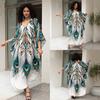 Vintage Peacock Feather Printing Loose Kaftan Swimsuit Coverup For Women Summer Casual House Dress Beachwear Cover-up