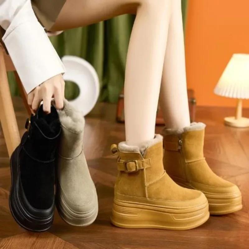 9 см замша коровья натуральная кожа платформа танкетка 2024 зимние плюшевые женские сапоги скрытый каблук весенние теплые ботильоны осенняя обувь