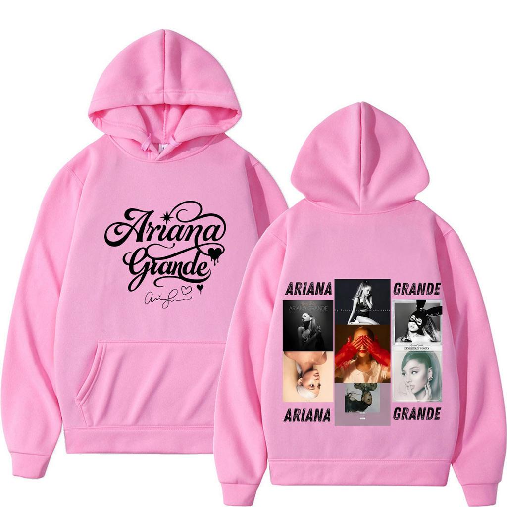 Unisex Black Hoodie Ariana Grande Double Sided Print Hooded Sweatshirt Album Cover Photo Collage Vintage Pop Singer Graphic Streetwear Pullover