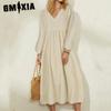 Women's Fashion Spring Autumn Solid Color Print Long Sleeve V-Neck Casual Dresses
