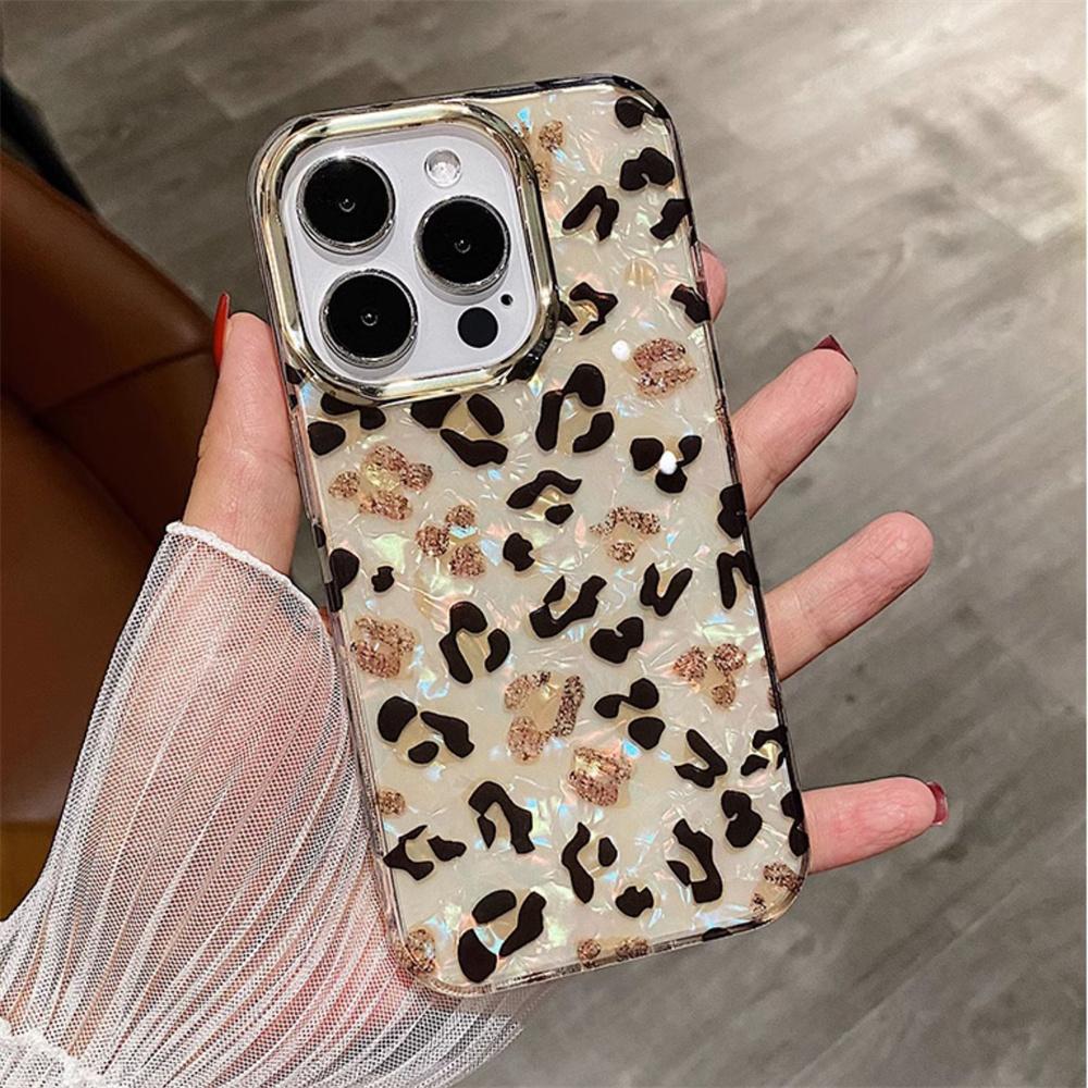 Роскошный чехол с леопардовым узором Aurora Shell для iPhone 16 15 14 13 12 11 Pro Max Plus с гальваническим покрытием для защиты камеры, блестящая крутая крышка