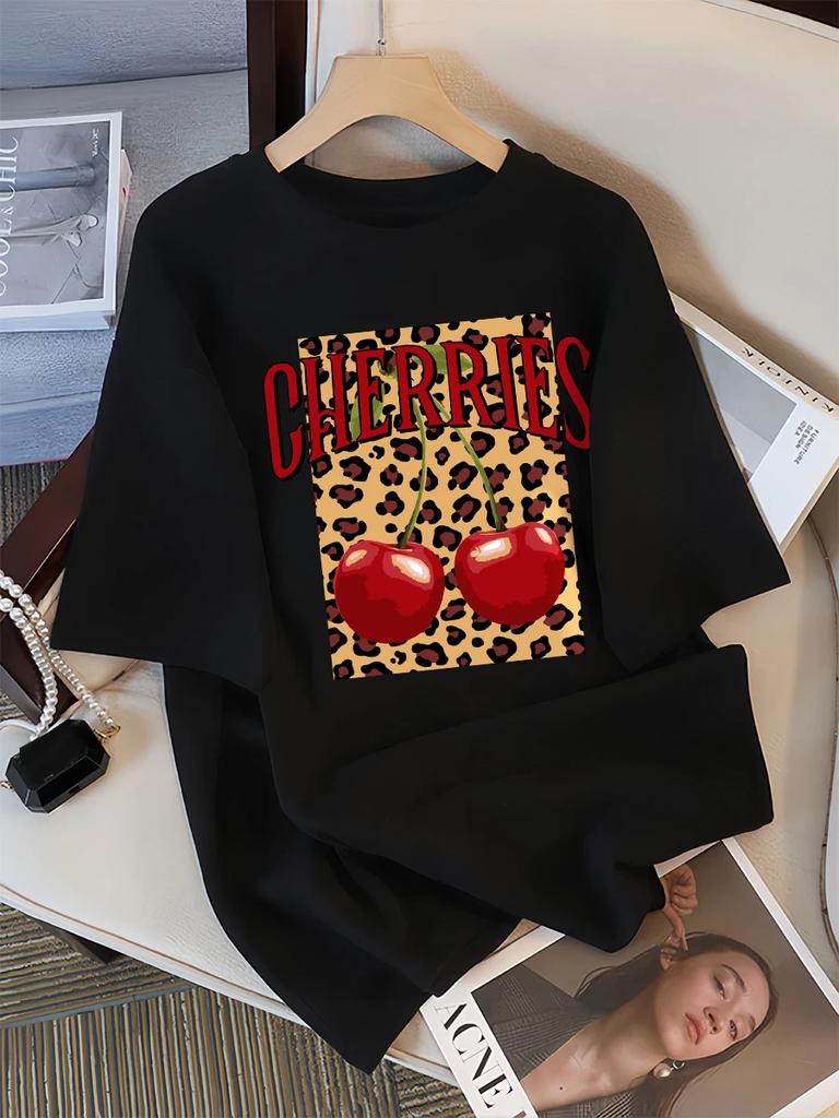 Leopard Cherry Leopard Print Creative Design Womens Tee Shirts Casual T Shirt Summer Round-Neck Streetwear Soft Short Sleeve