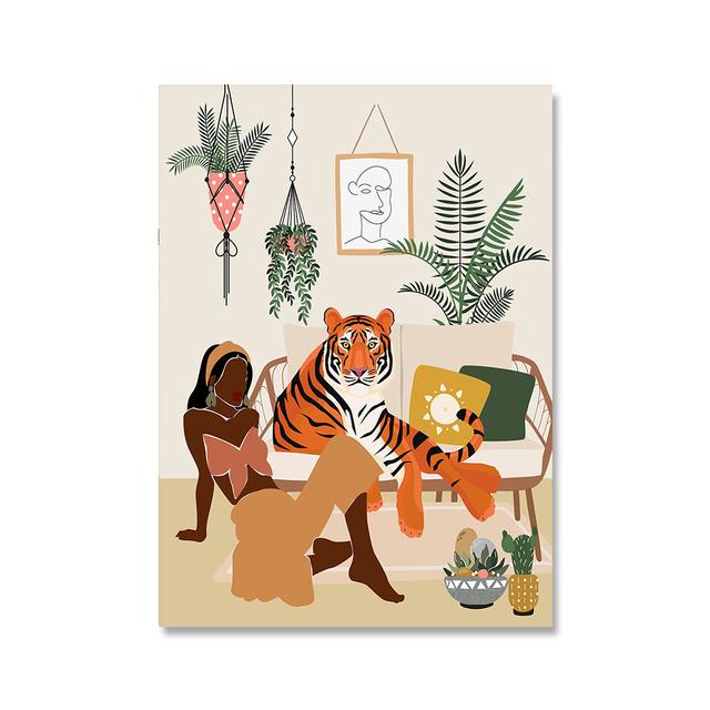 Рамка из цельного дерева Афро-Американский женский принт в стиле бохо Черная девушка Плакат Джунгли Леди Холст Картина Растение Animail Настенная картина Декор в гостиную