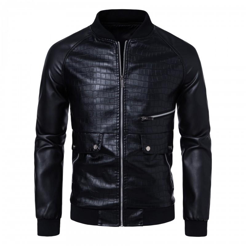 Mens PU Leather Jacket Slim Fit Stand Collar Casual Color Block Biker Daily Wear