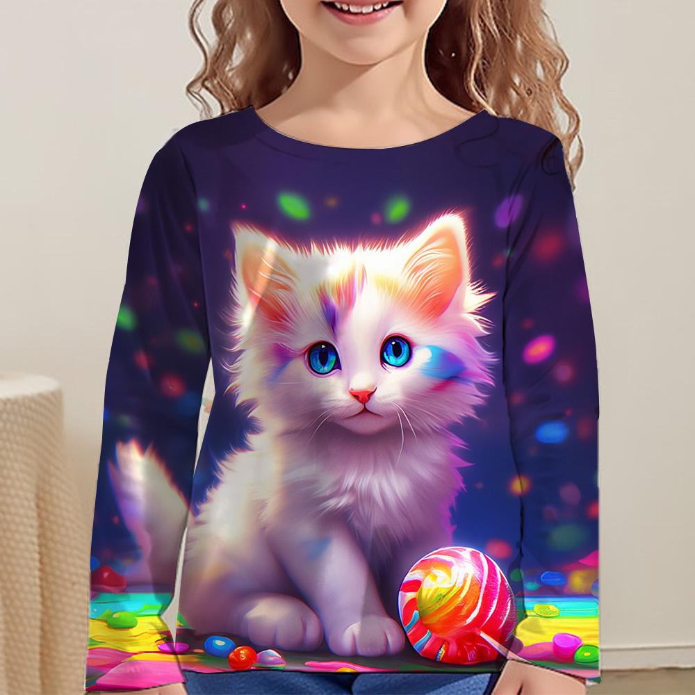 Spring and Autumn Round Neck Cute Cat Pattern 3D Printed Top Fashionable Casual Long Sleeved Children's Girl T-shirts