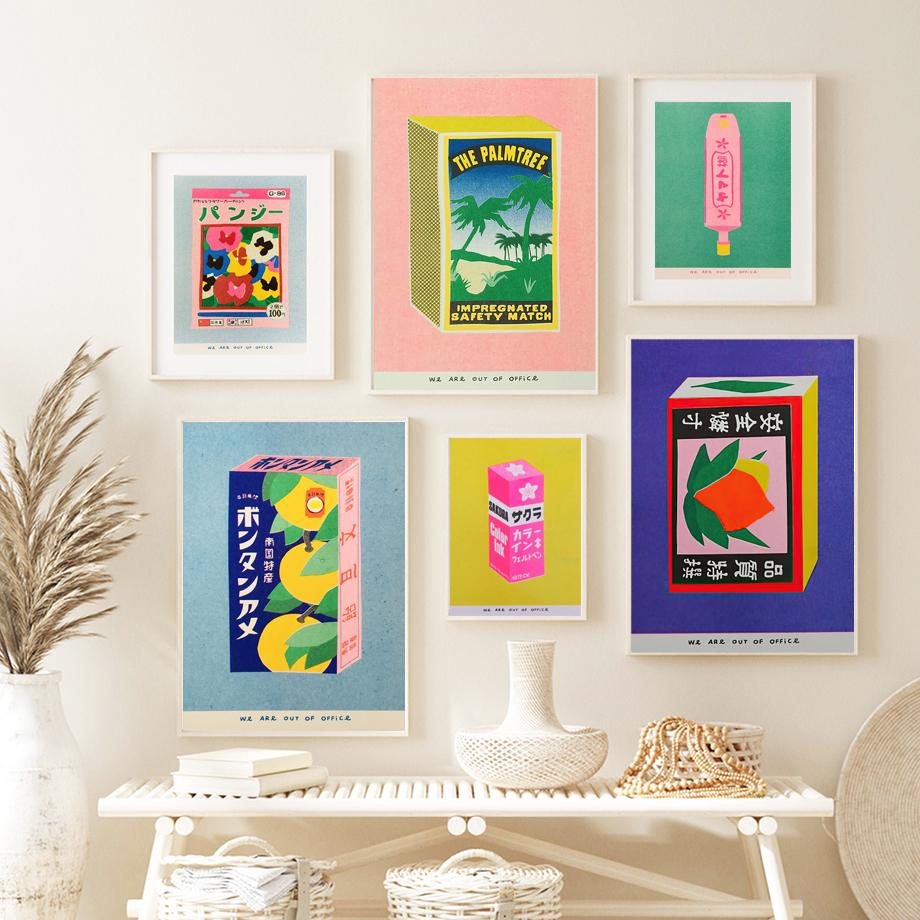 Japanese Pink Cherry Blossom Ink Canned Sardine Tomato Wall Art Painting Nordic Poster Packaged Print Pictures Living Room Decor