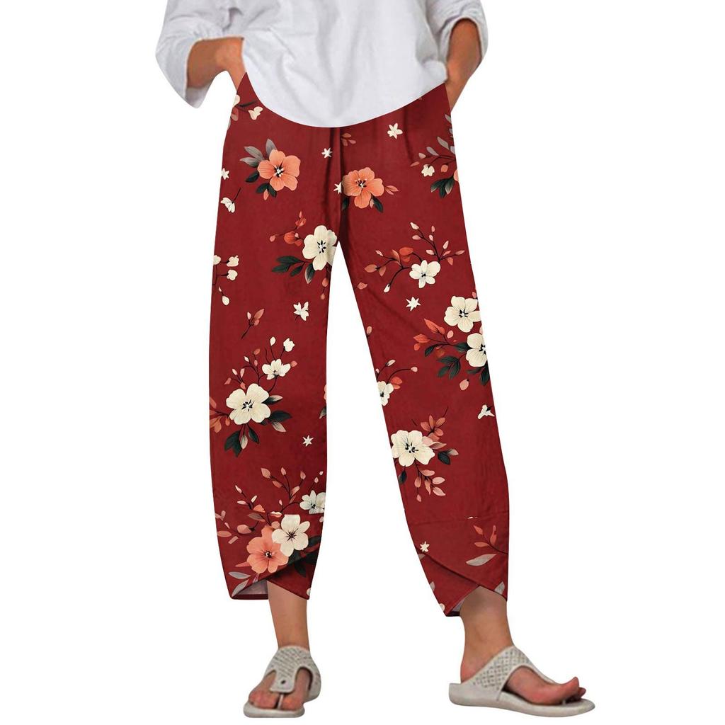 Брюки женские летние повседневные широкие брюки с эластичной резинкой на талии и принтом с карманами