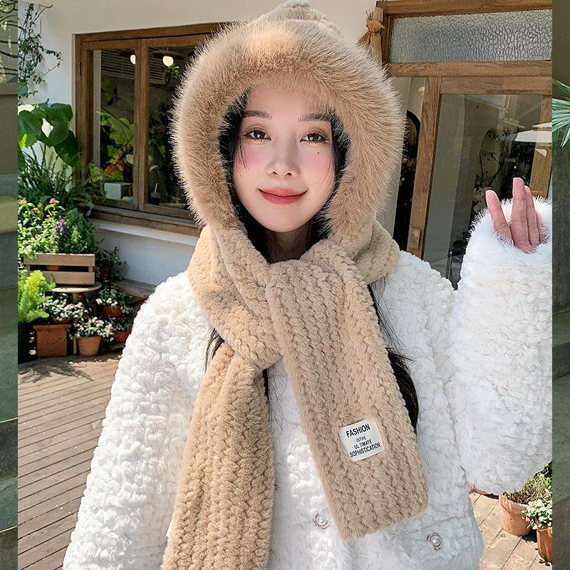 Autumn and Winter Plush Hat, Women's Large Head Circumference, Windproof Ear Protection Scarf, Integrated Hooded Thickened Warm Wool Hat