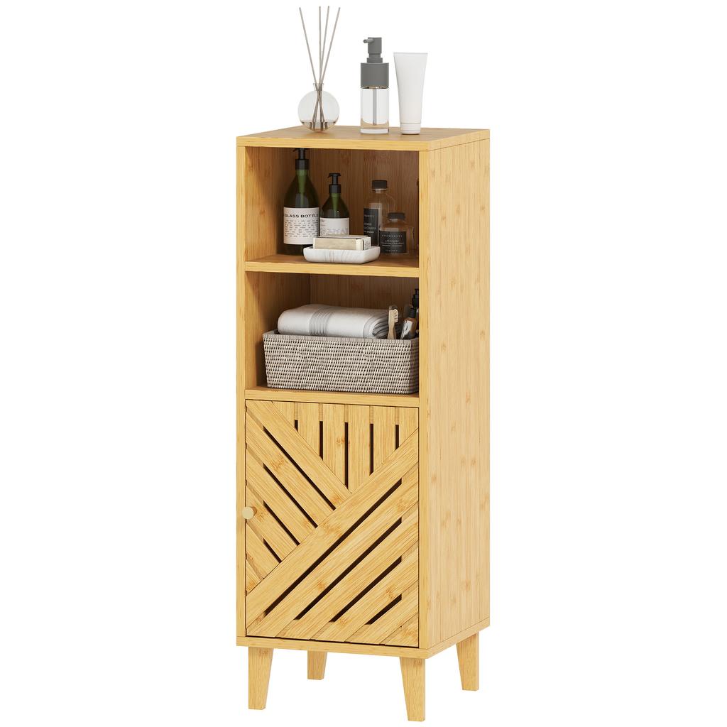 Slim Bathroom Cabinet With Bamboo Door And Legs Narrow Bathroom Storage Cabinet Freestanding Storage Cupboard With Open Compartments 32 X 30 X 90 Cm