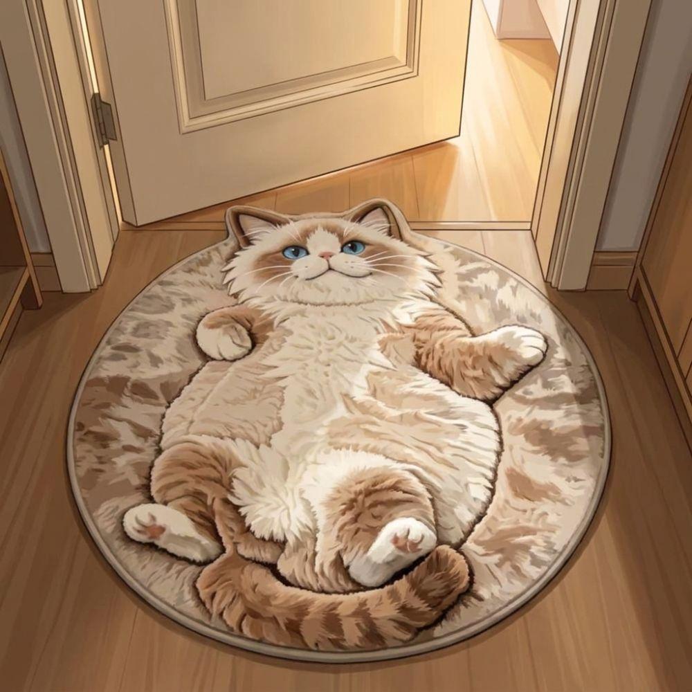 Non-Slip Cat Area Rug Round Shape Cartoon Carpet Cute Home Decor Carpet Living Rooms