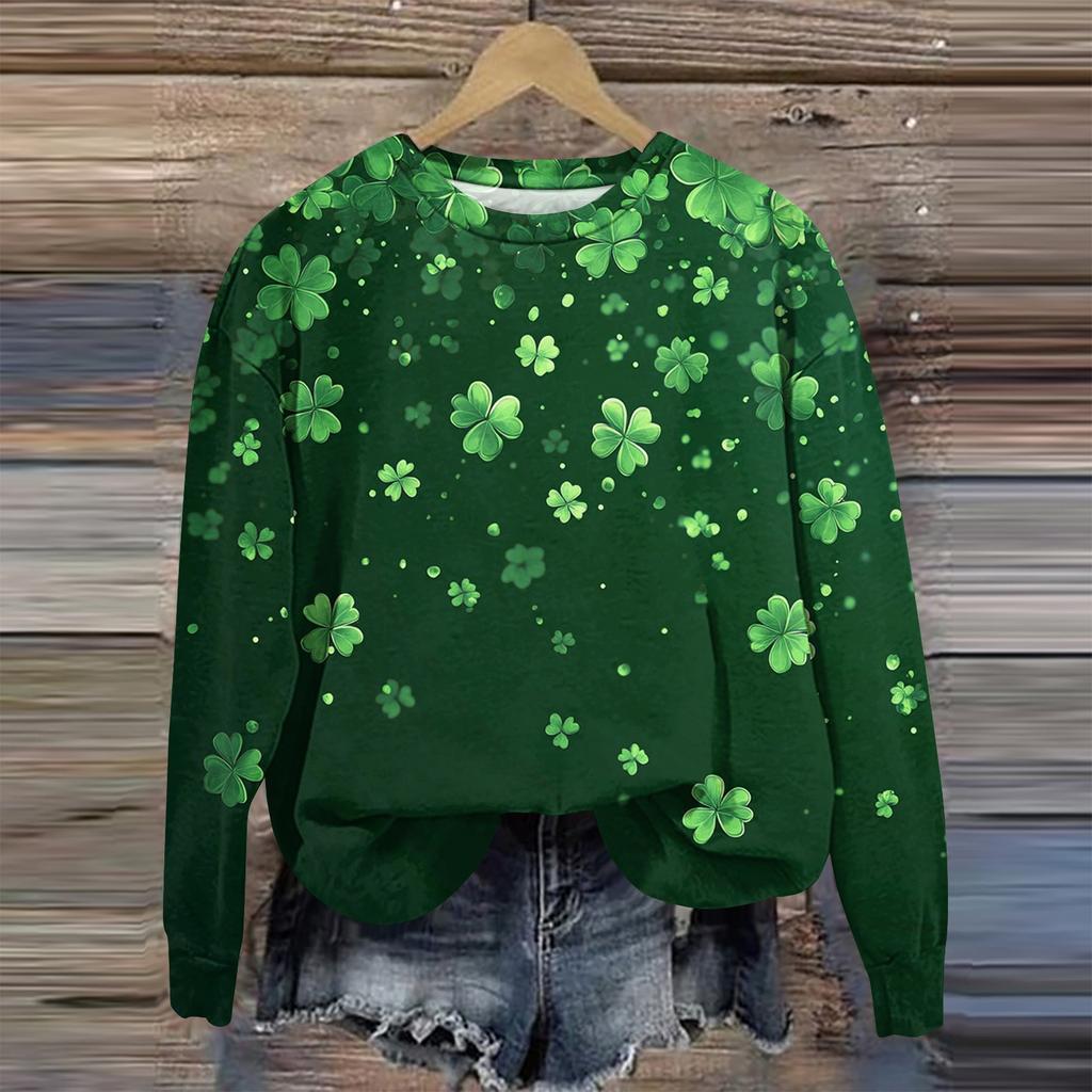 Women's Fashion St Patricks Day Printed Long Sleeve Loose Round Neck Sweatshirt Top Fall