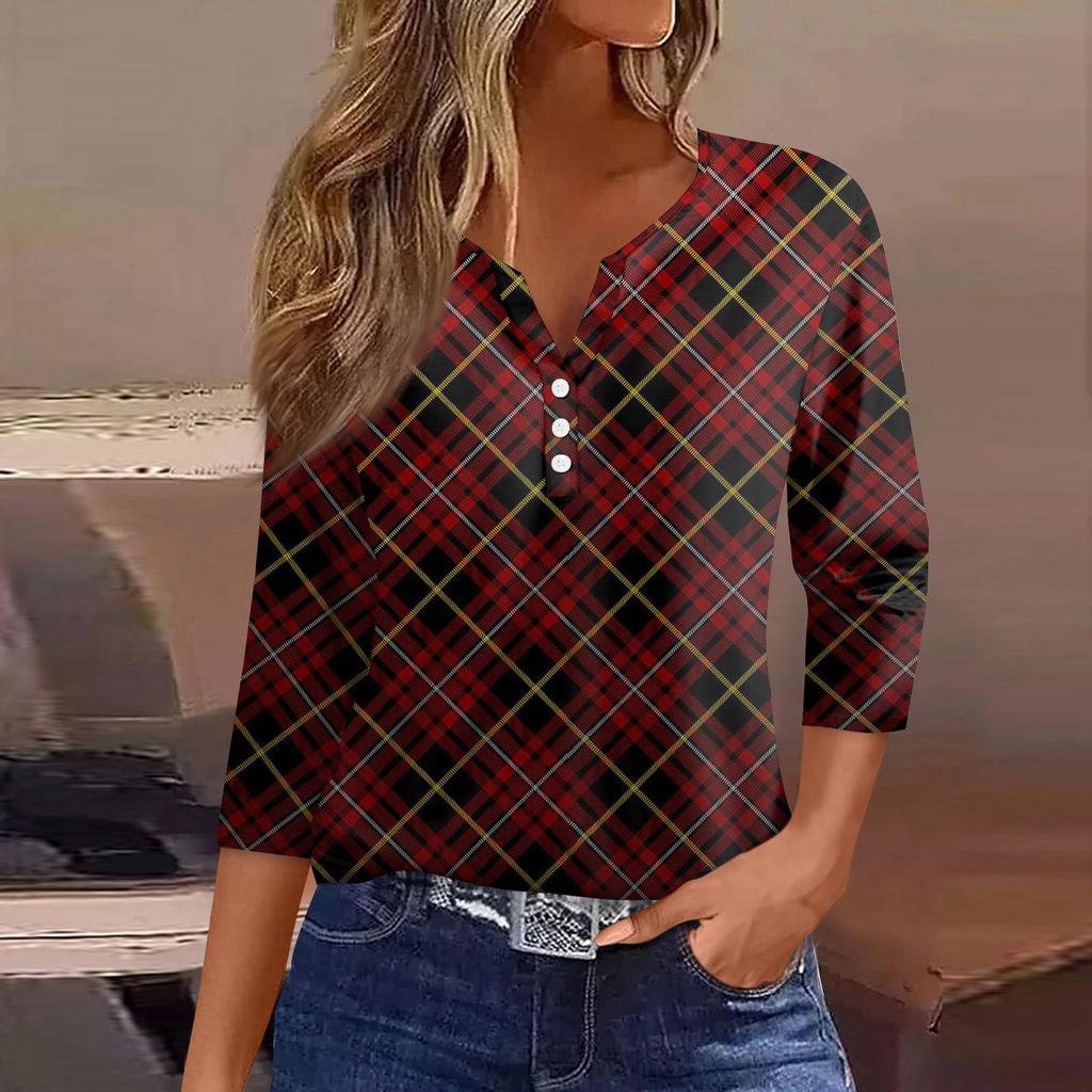 Women's T Shirt Tee Printed Button 3/4 Sleeve Tunic Daily Weekend Fashion Basic V- Neck Regular Top