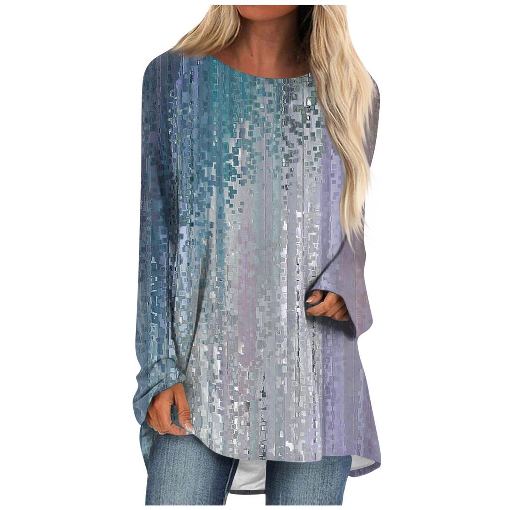 Женский модный повседневный топ с круглым вырезом и длинным рукавом средней длины с цветочным принтом