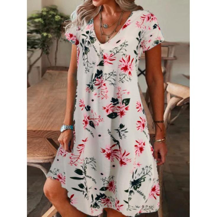 Loose Floral Print Women'S Dress V-Neck Mini Skirt Polyester Short Sleeve Summer Casual Fashion Female Clothing
